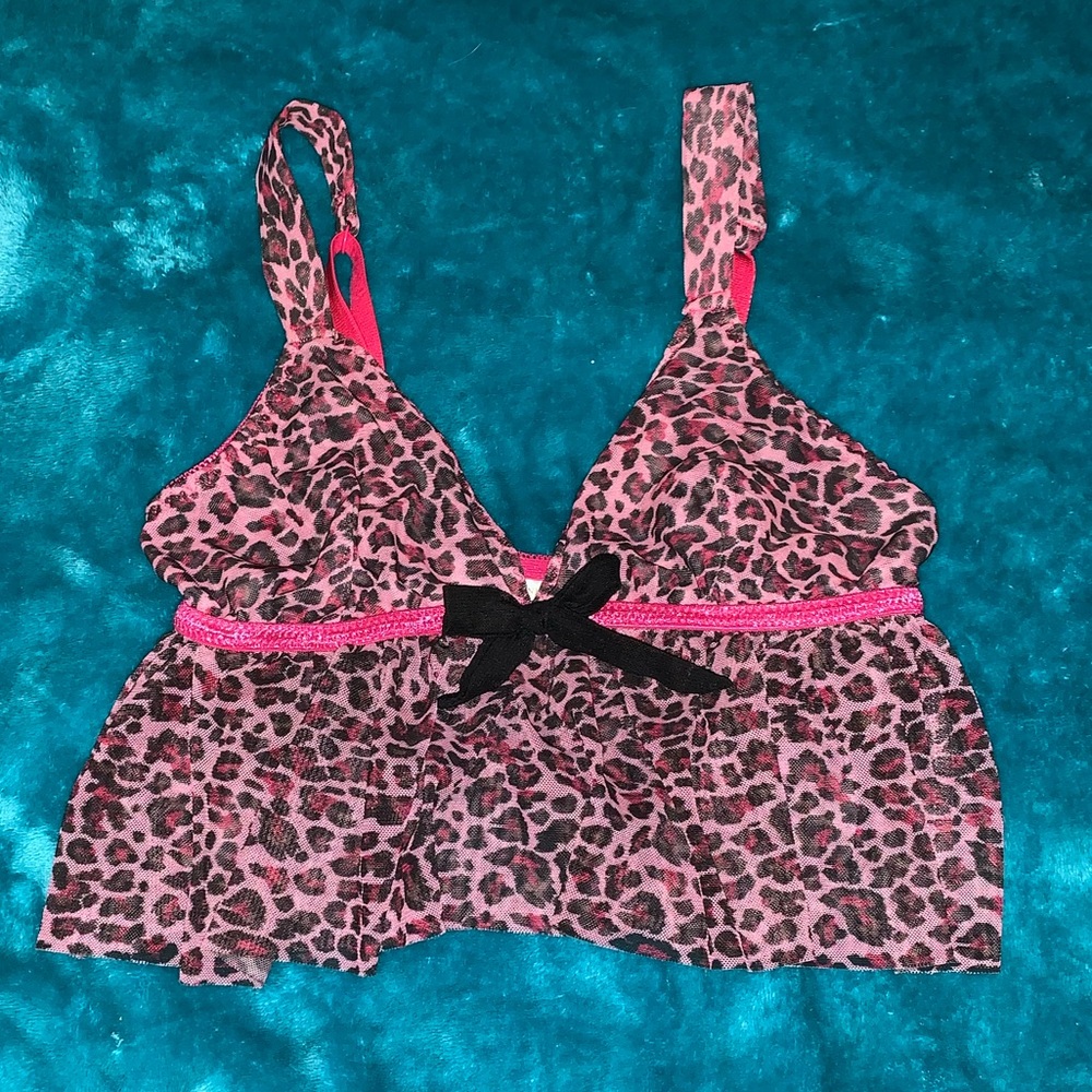Pink Leopard Print Babydoll Lingerie Top with Ribbons and Lacey Accents